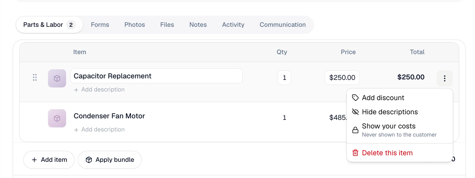 Job line menu open with Add discount, Hide descriptions, Show your costs and Delete this item