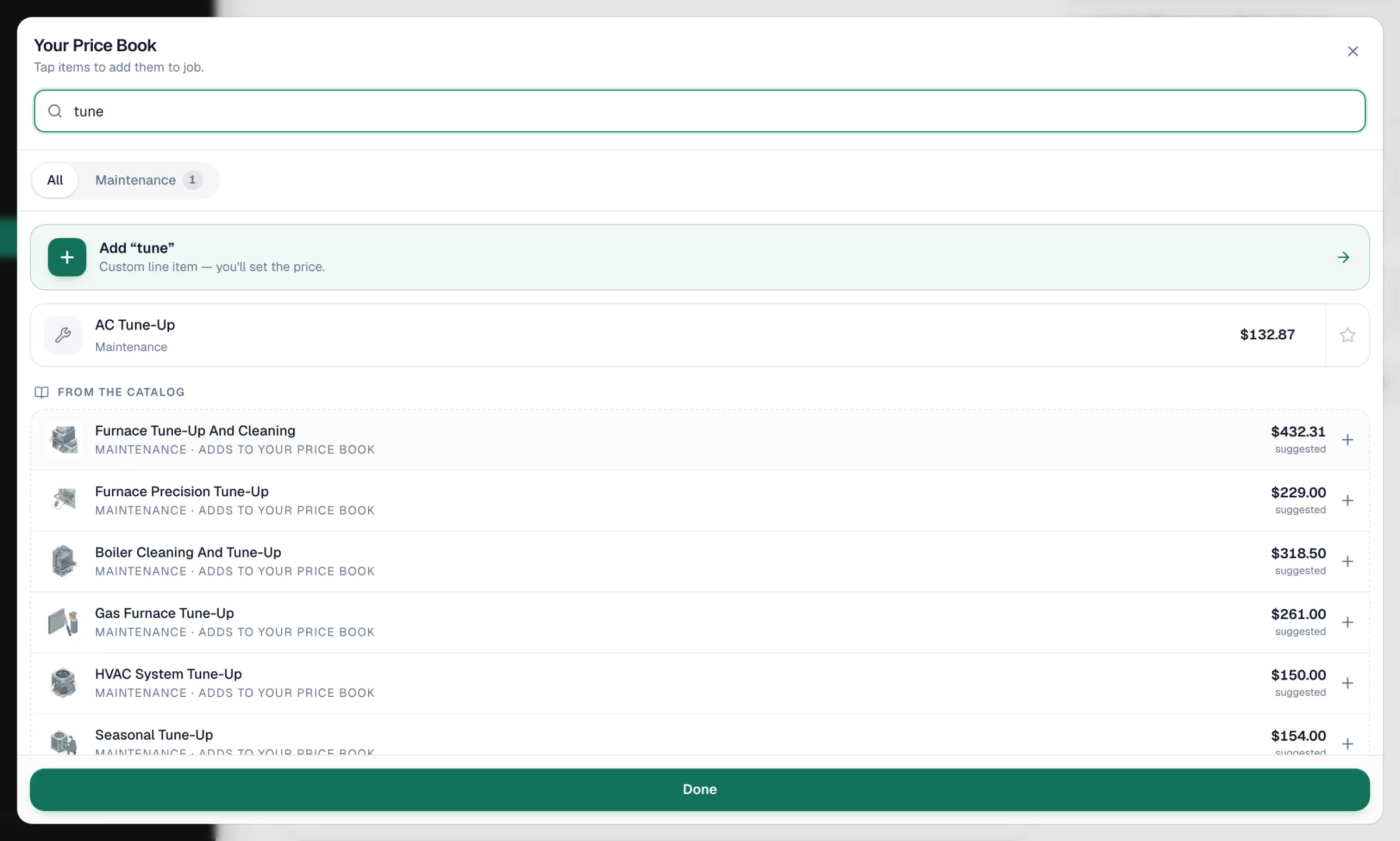 Your Price Book picker searching for tune, with a custom line option and catalog suggestions