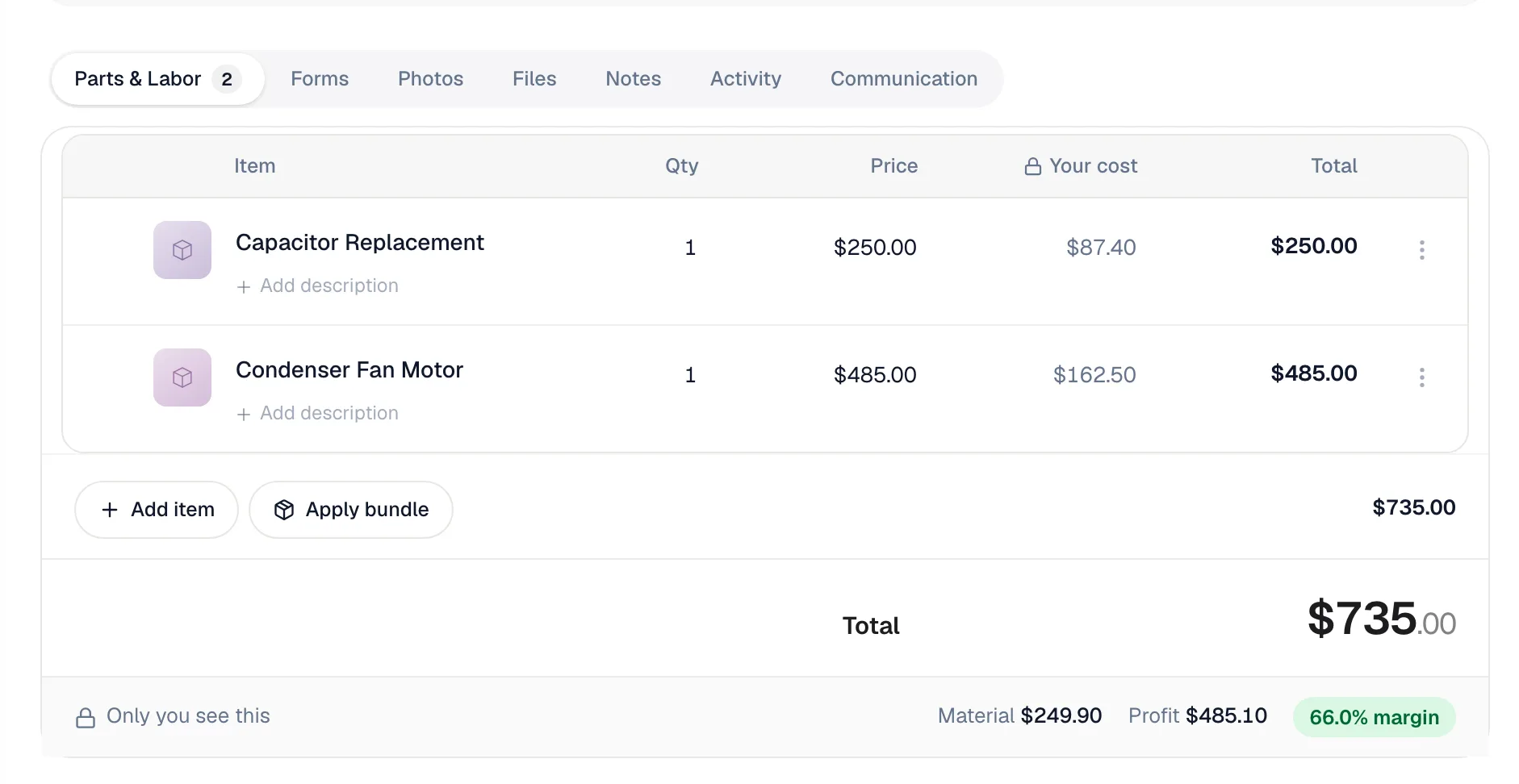 Job line items with the Your cost column next to Price
