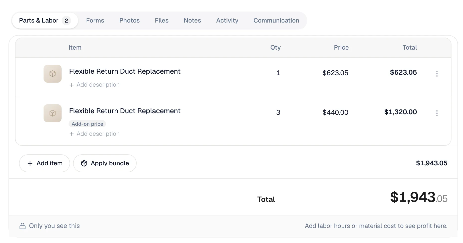 Job line items with one duct replacement at $623.05 and three at the $440.00 add-on price, marked Add-on price