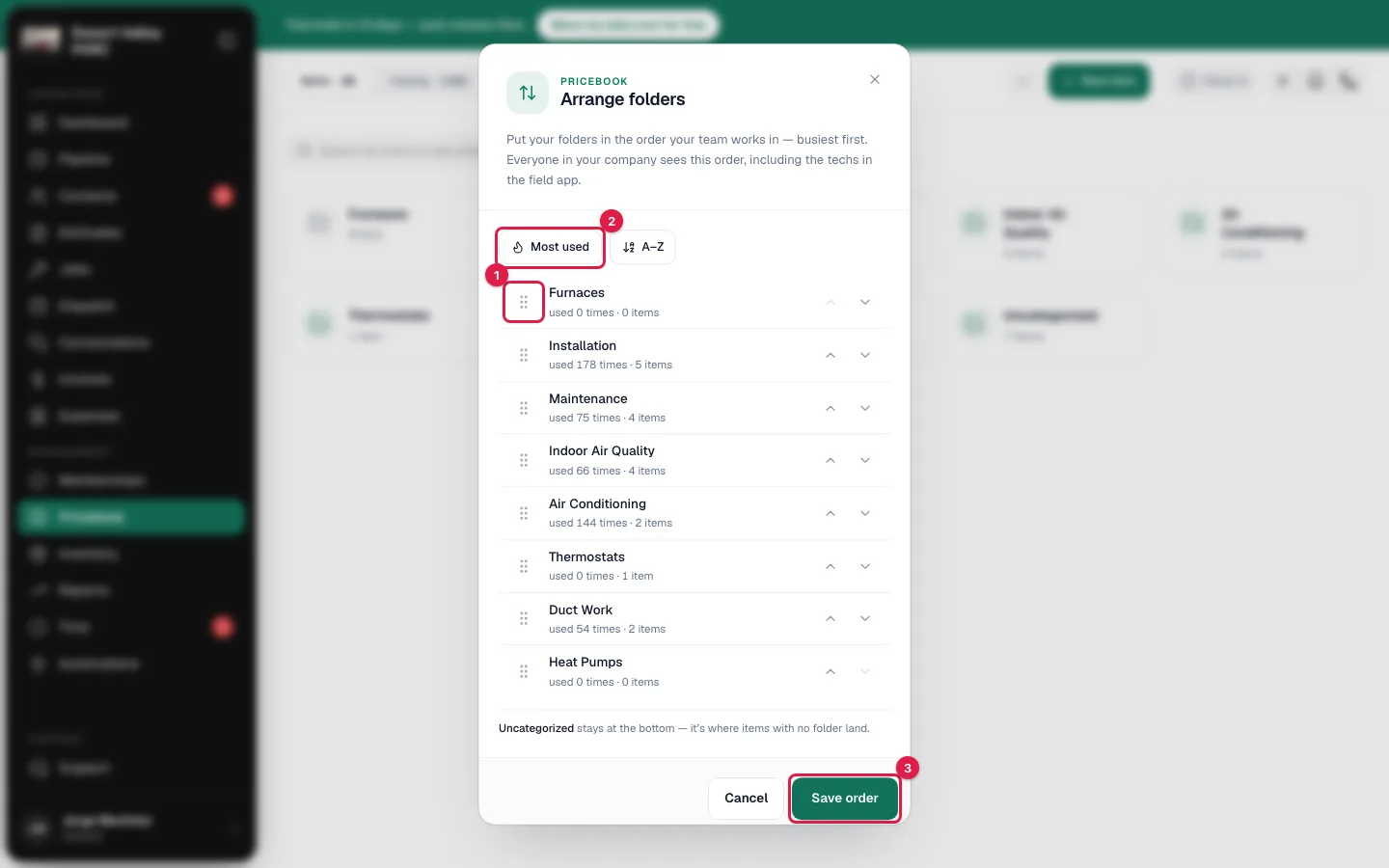 Arrange folders window with the drag handles, Most used and Save order highlighted