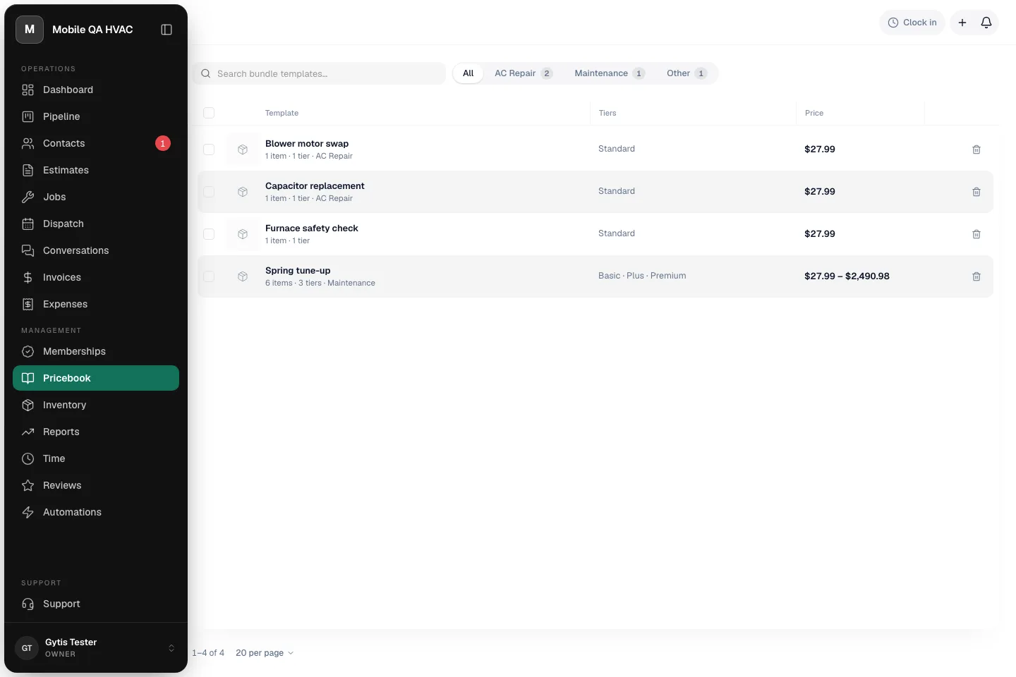 The Bundle Templates tab with the folder chips All, AC Repair, Maintenance and Other next to the search box