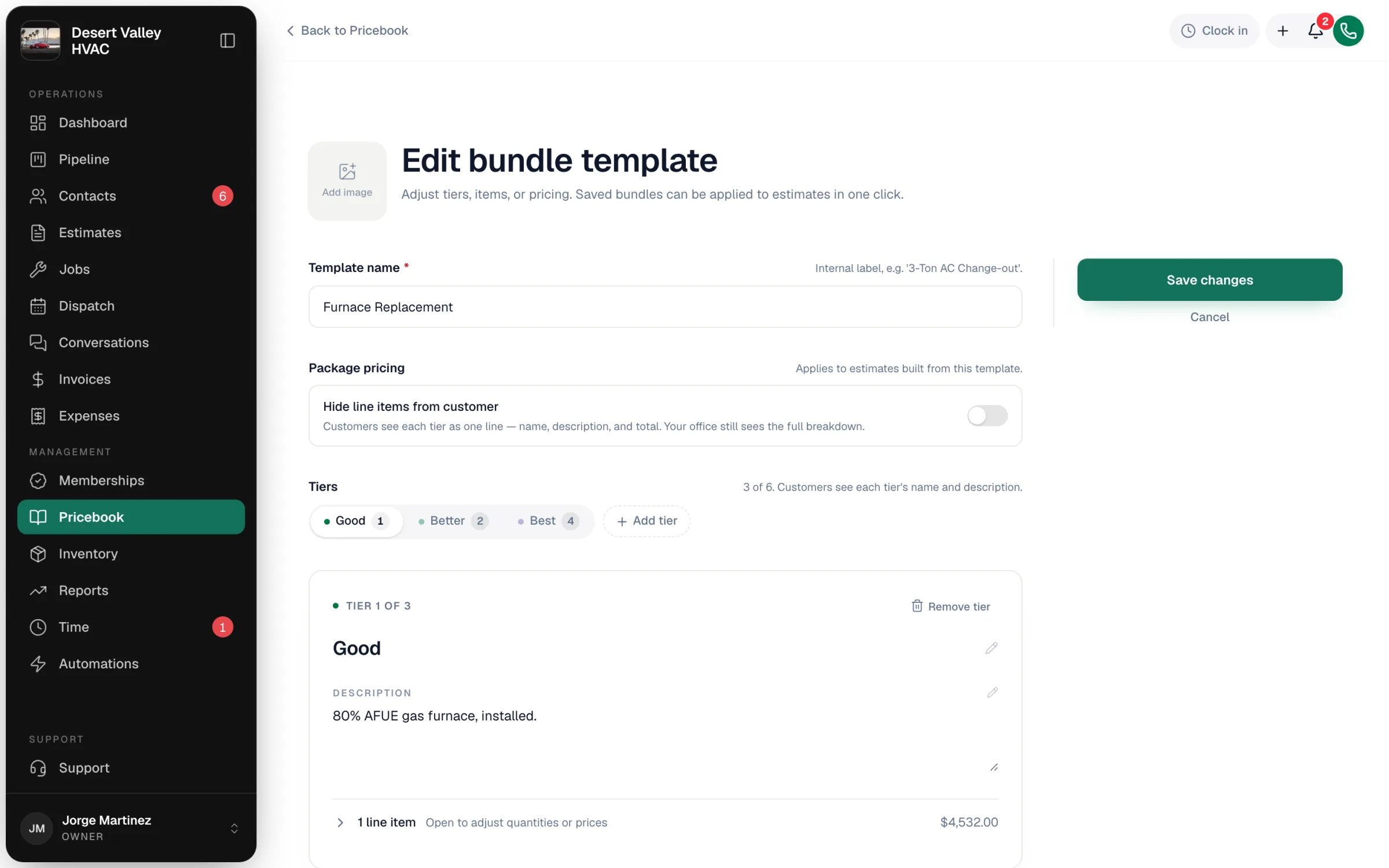Edit bundle template page with template name, package pricing, tiers and the Good tier open