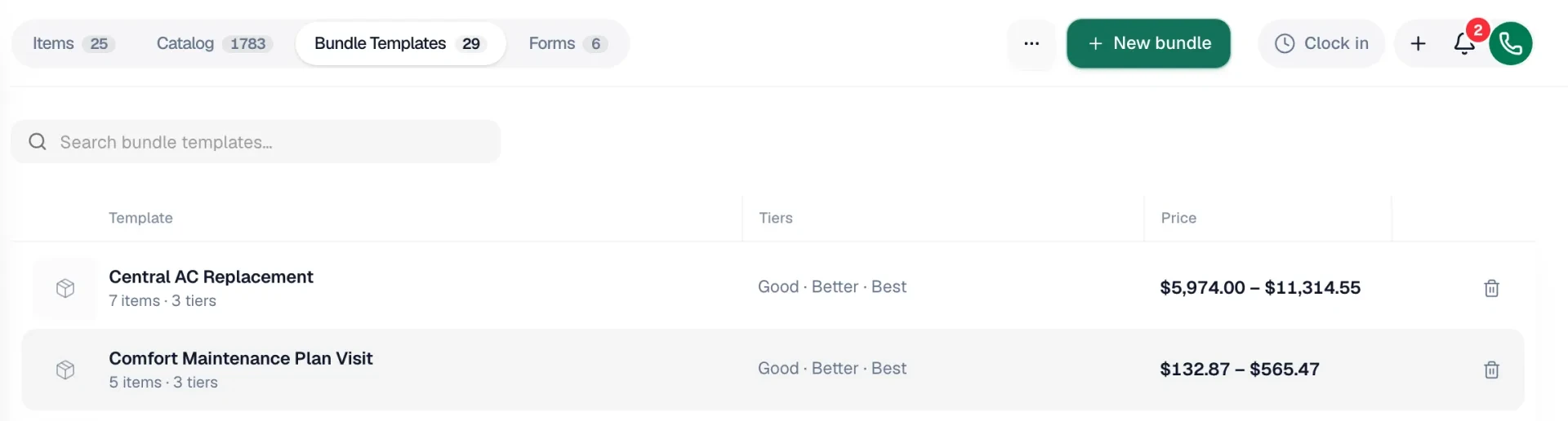 Bundle Templates tab listing templates with their tiers and price ranges