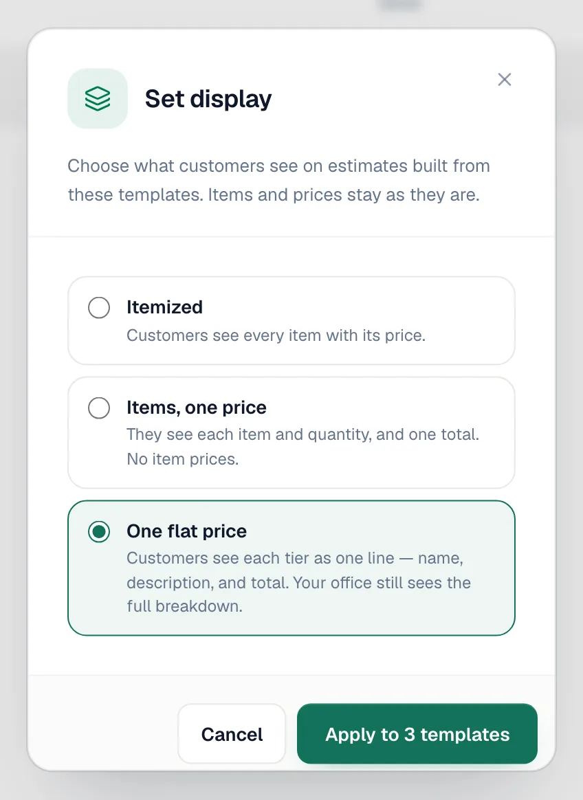 Set display window with One flat price chosen and the Apply to 3 templates button