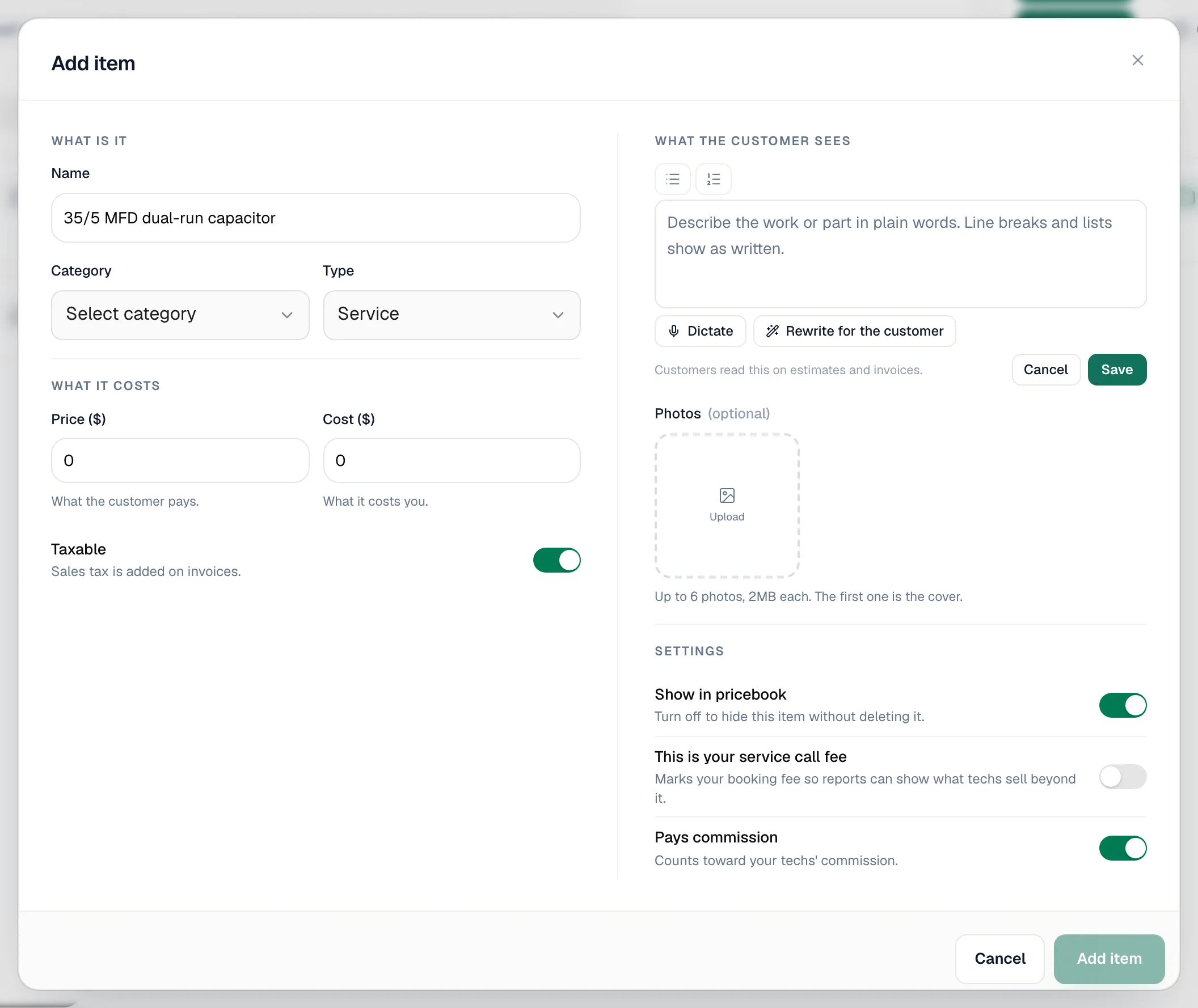 Description editor with list buttons, Dictate and Rewrite for the customer