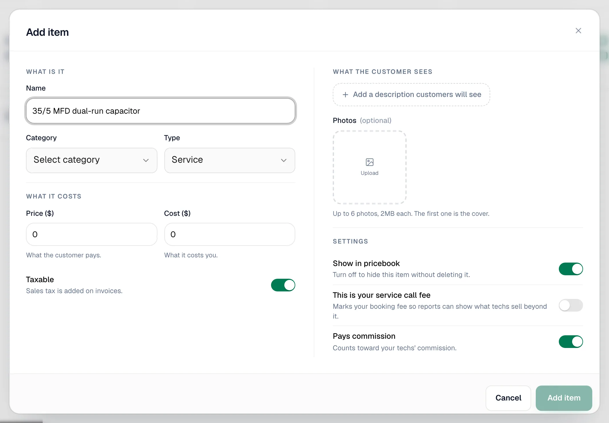 Add item form with Price and Cost fields