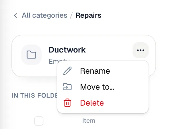 Folder card menu open with Rename, Move to… and Delete