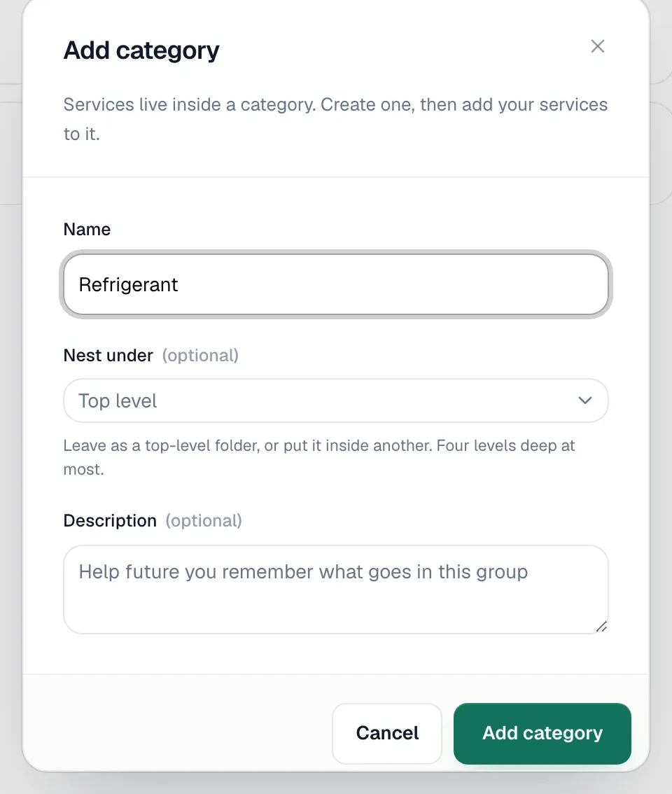 Add category dialog with Name, Nest under and Description
