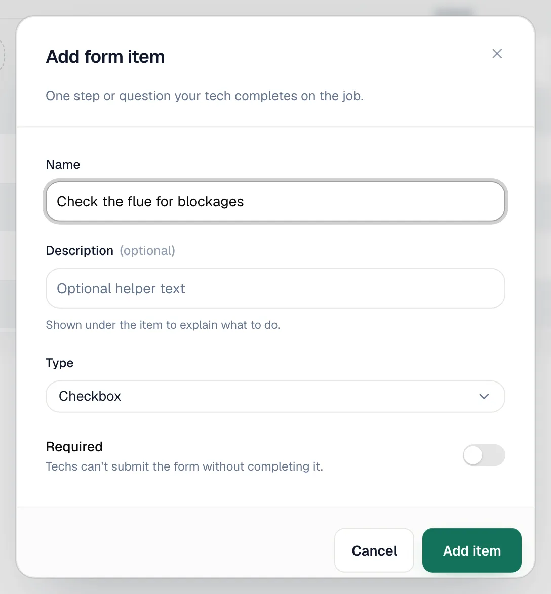 Add form item dialog with Name, Description, Type and Required