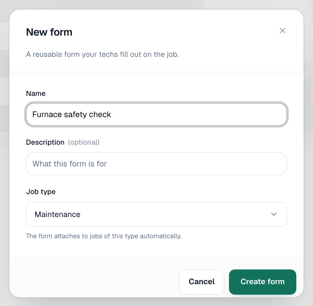 New form dialog with Name, Description and Job type