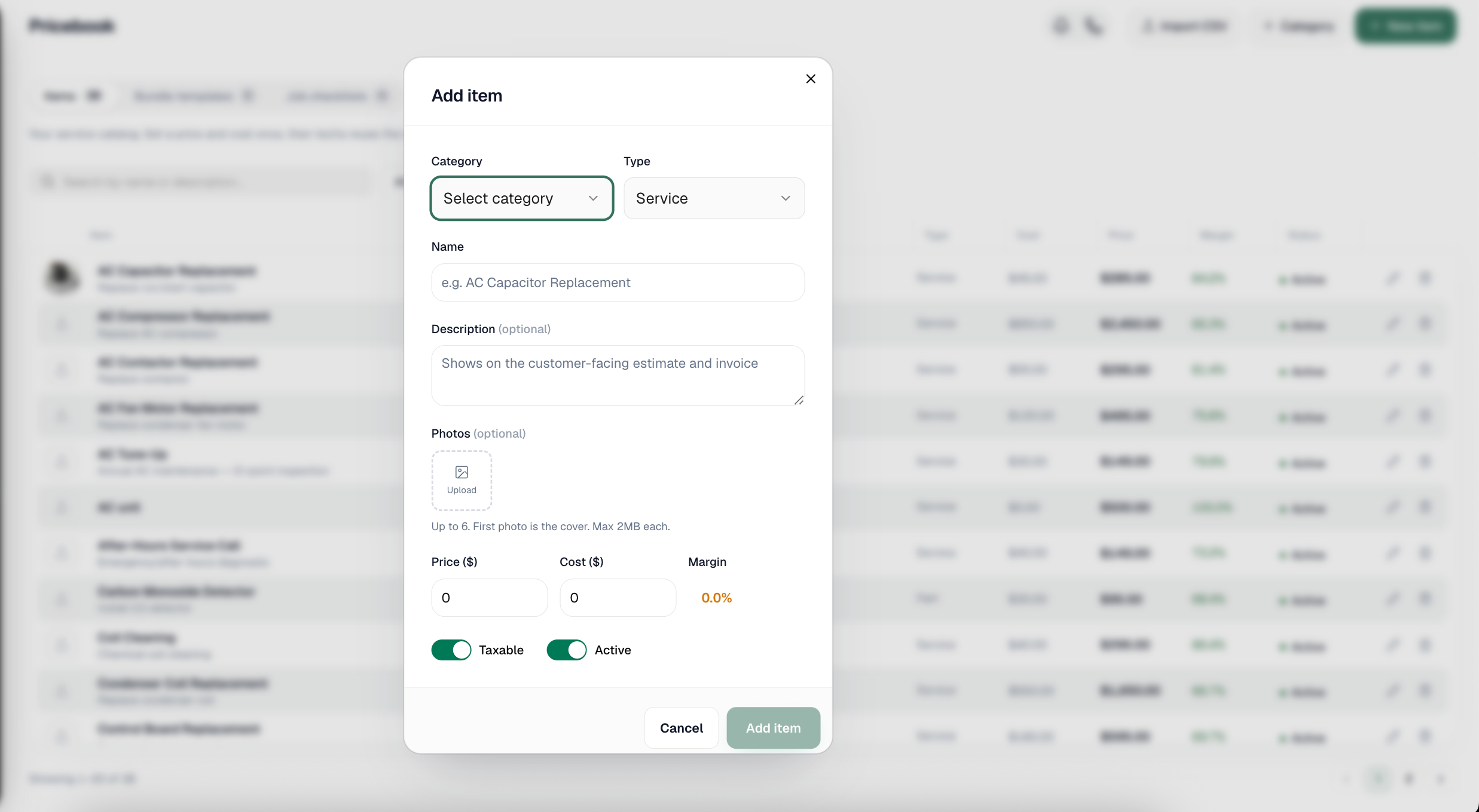 Pricebook new item form