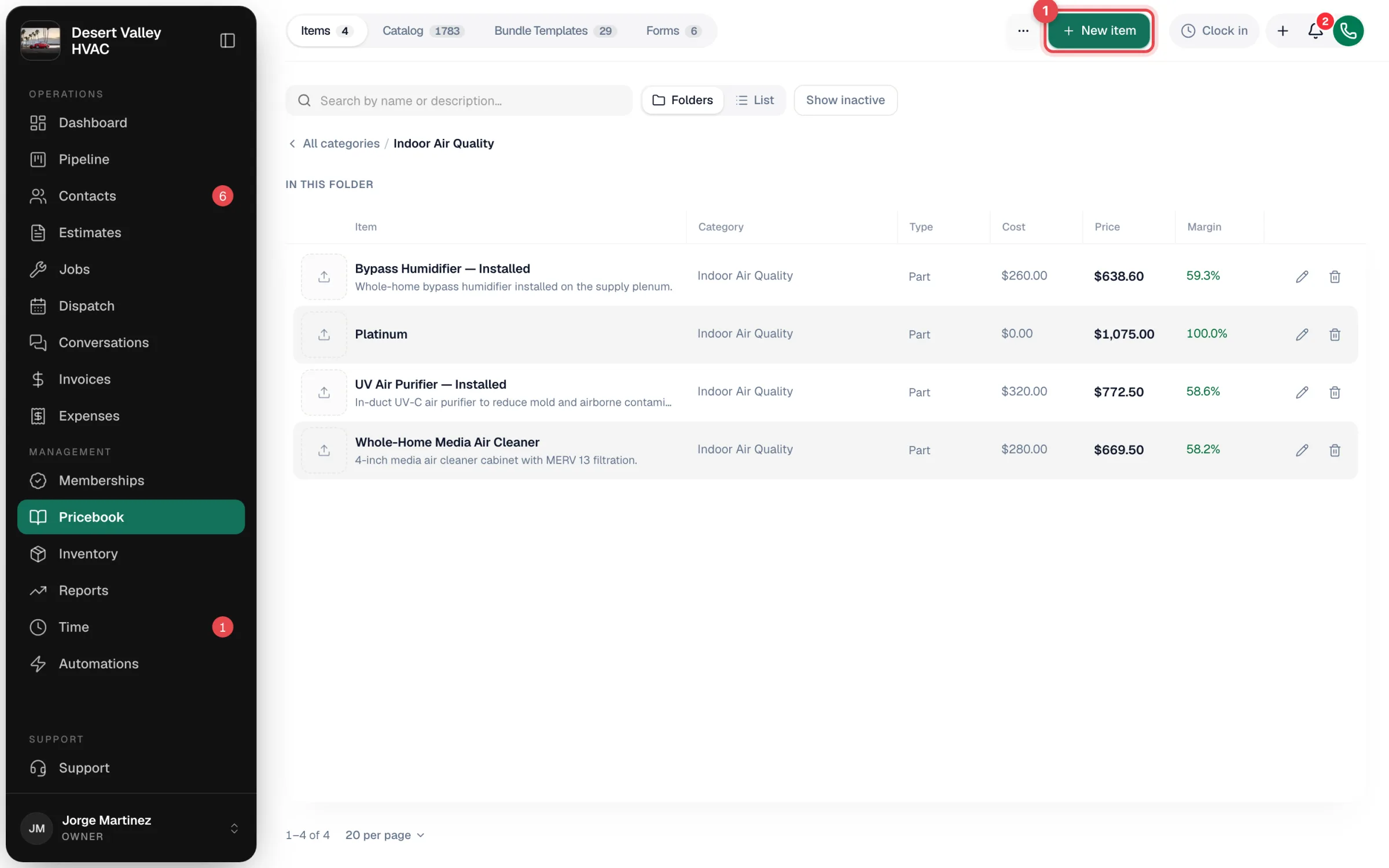 Pricebook open on the Indoor Air Quality folder, with the New item button highlighted