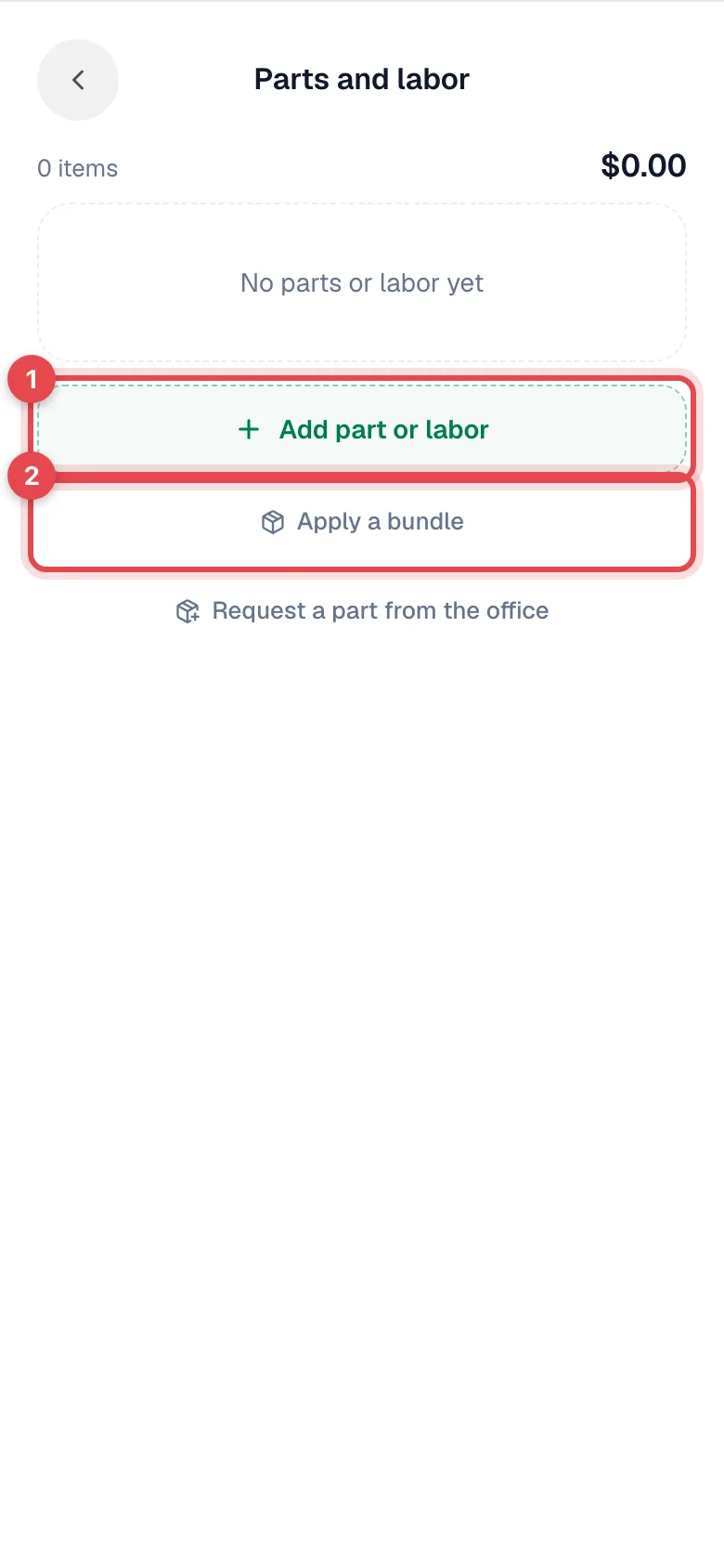 Parts and labor panel in the mobile app with Add part or labor and Apply a bundle highlighted