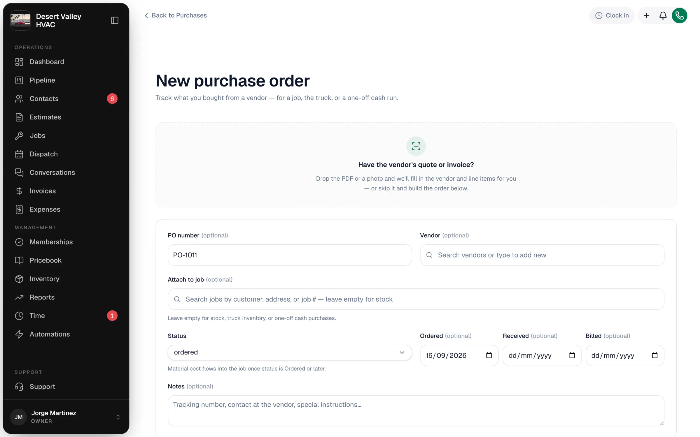 New purchase order form with PO number, Vendor, Attach to job, Status, dates and Notes