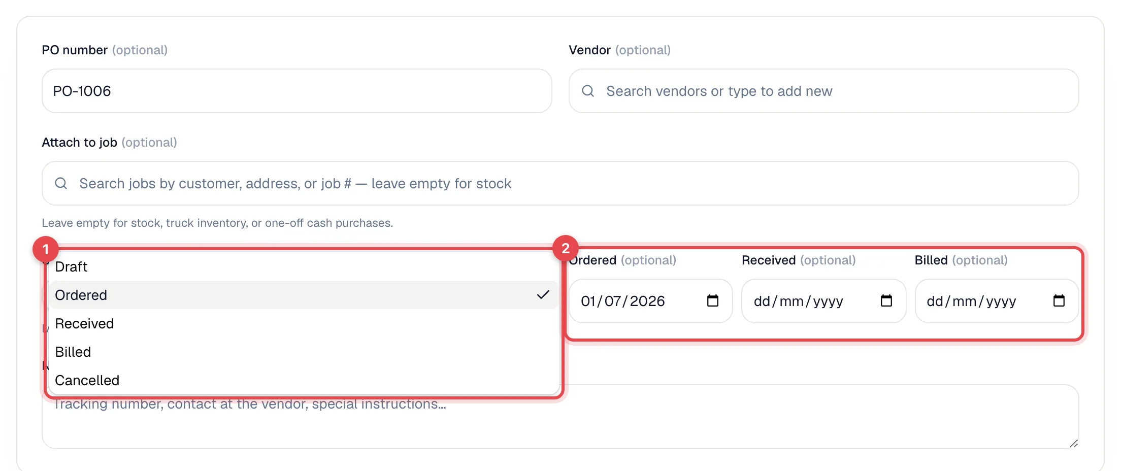 The purchase order form with the Status list open and the Ordered, Received and Billed dates highlighted
