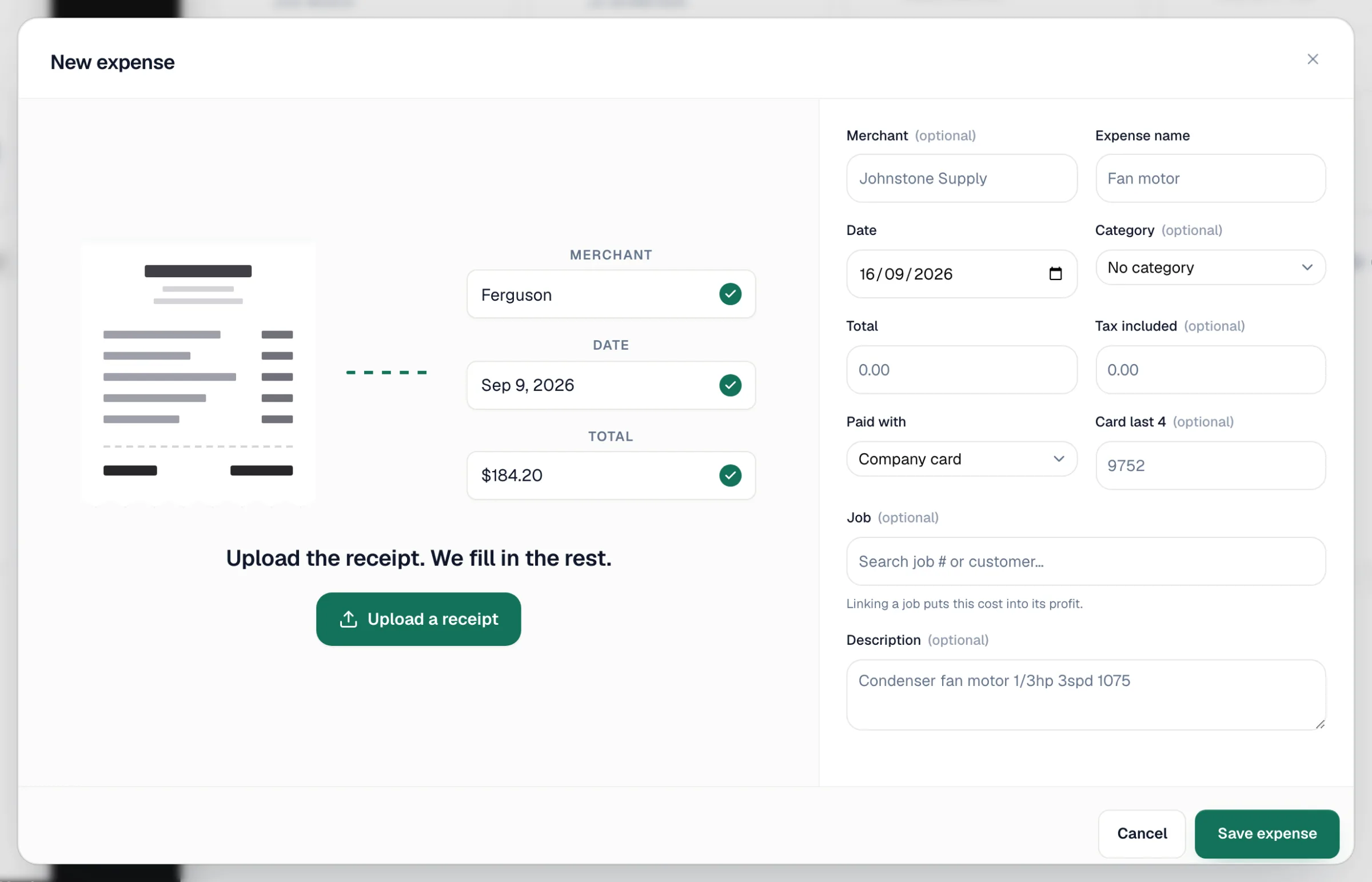 New expense window with Upload a receipt on the left and the expense fields on the right