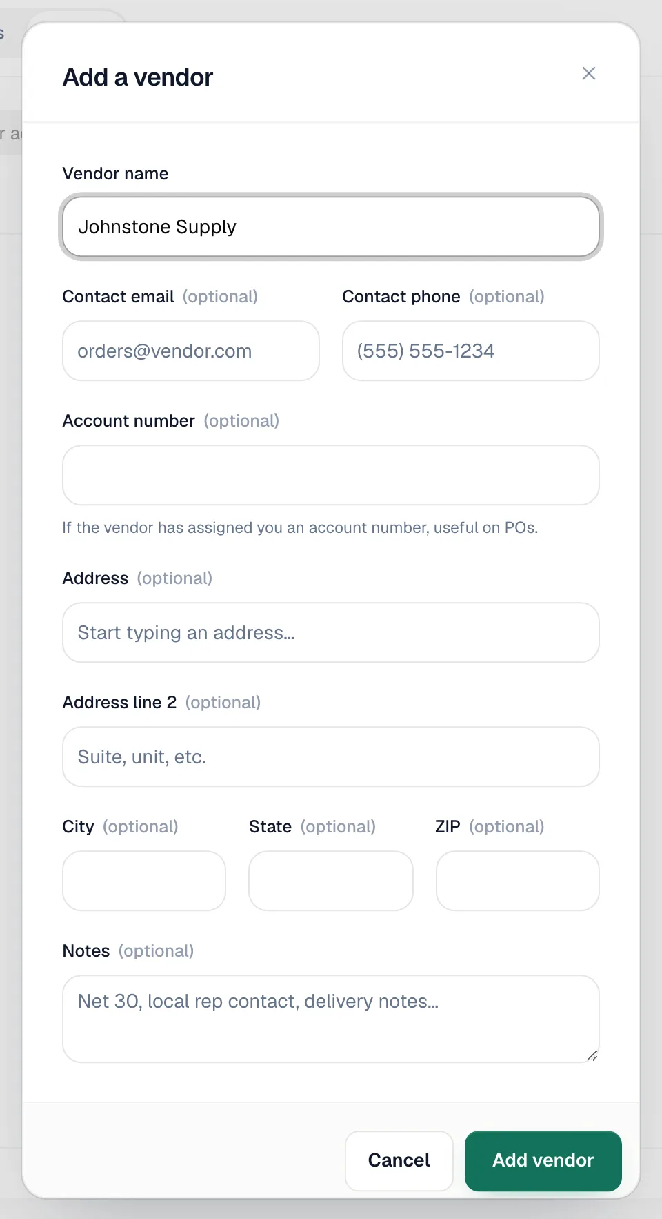 Add a vendor dialog with vendor name, contact, account number, address and notes