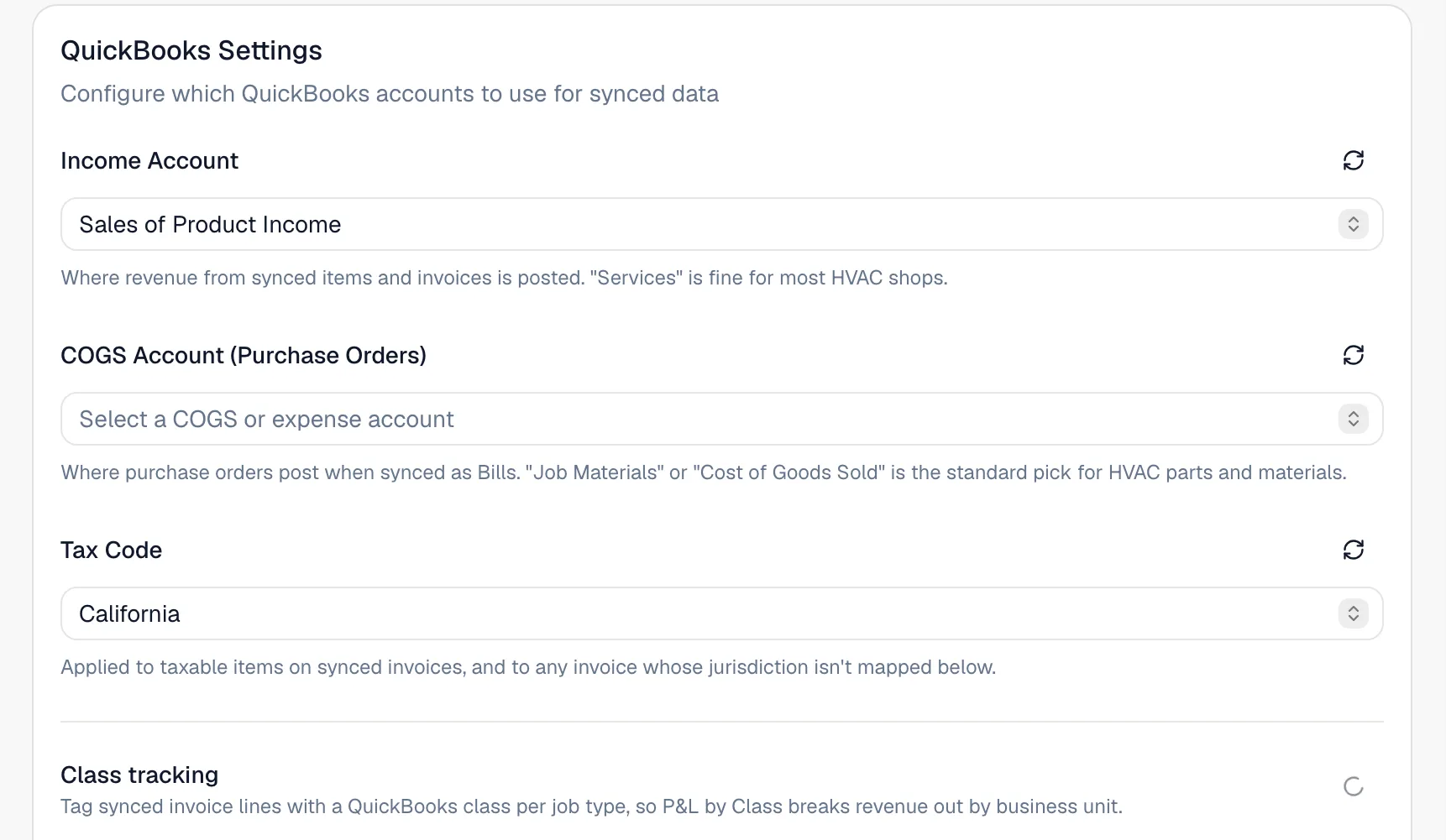 QuickBooks Settings card with the Income Account, COGS Account and Tax Code pickers