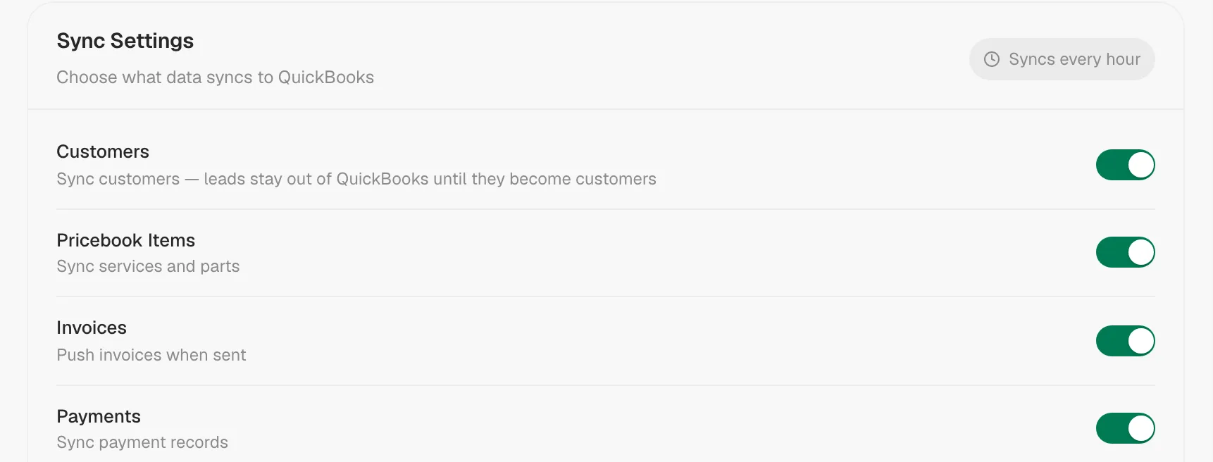 Sync Settings card with the Customers, Pricebook Items, Invoices and Payments toggles switched on