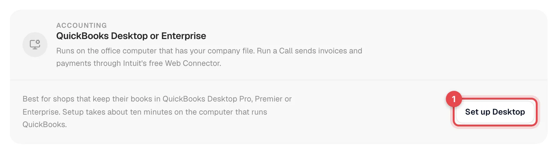 QuickBooks Desktop or Enterprise card with the Set up Desktop button highlighted
