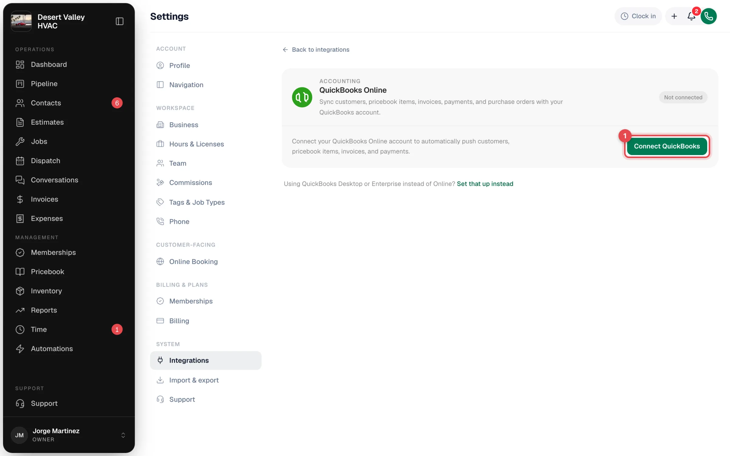 QuickBooks Online settings page showing Not connected and the Connect QuickBooks button highlighted