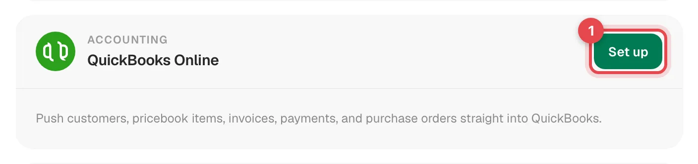 QuickBooks Online card on the Integrations settings page with the Set up button highlighted