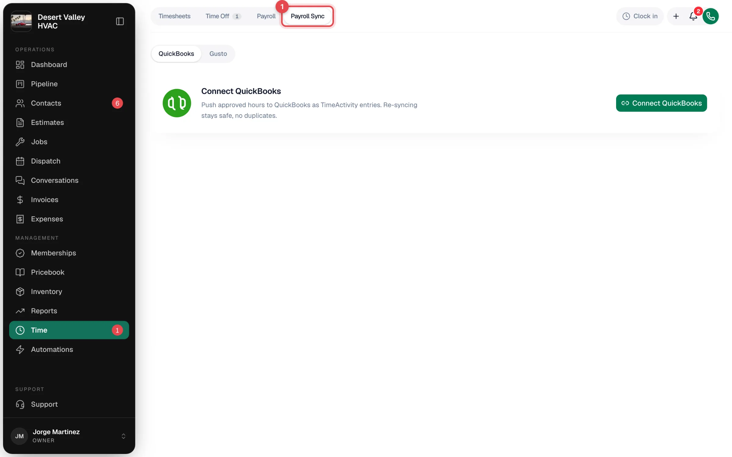 Time page with the Payroll Sync tab highlighted and QuickBooks selected