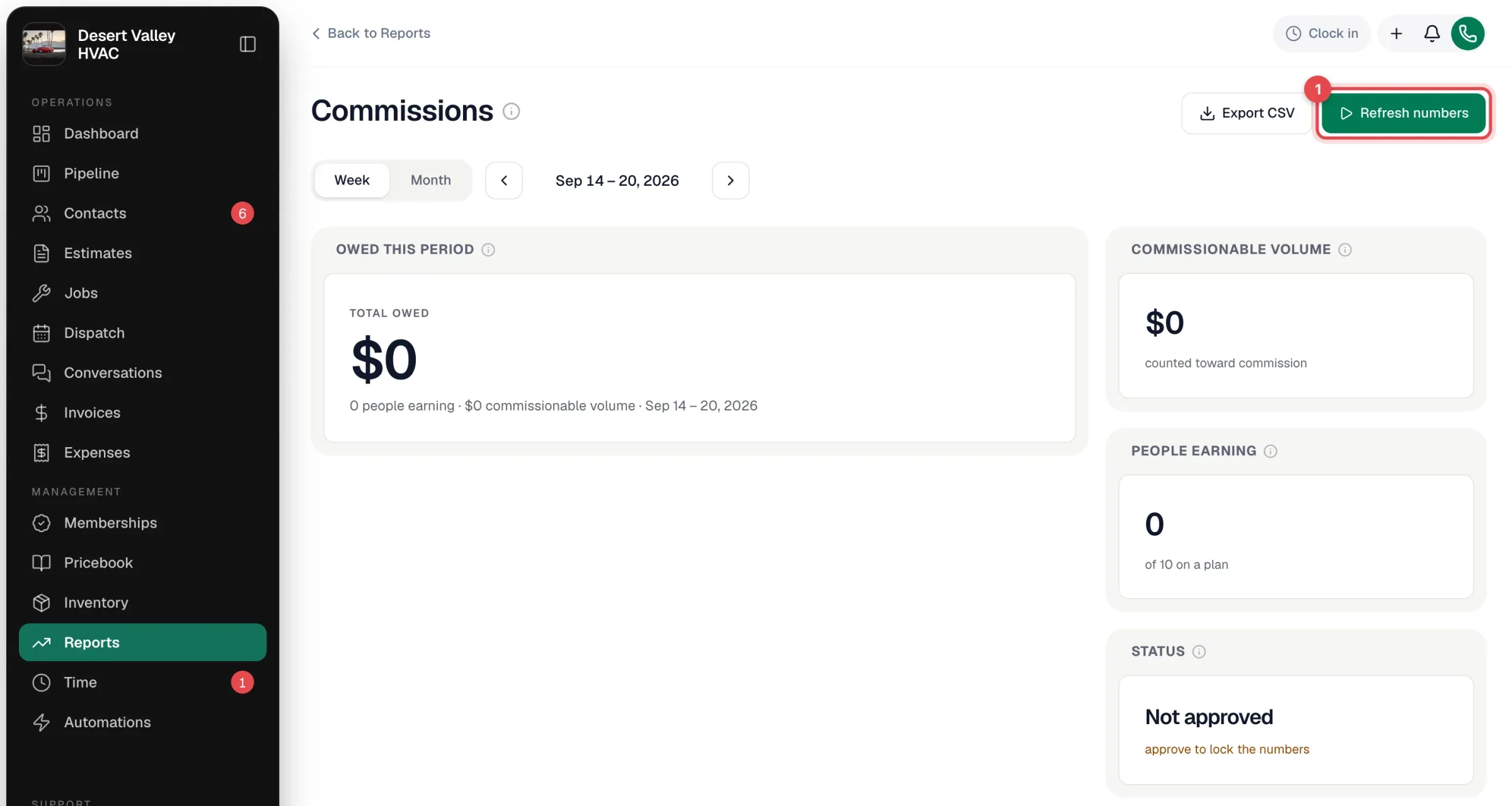 Commissions report with the Refresh numbers button highlighted above total owed, commissionable volume, people earning and status