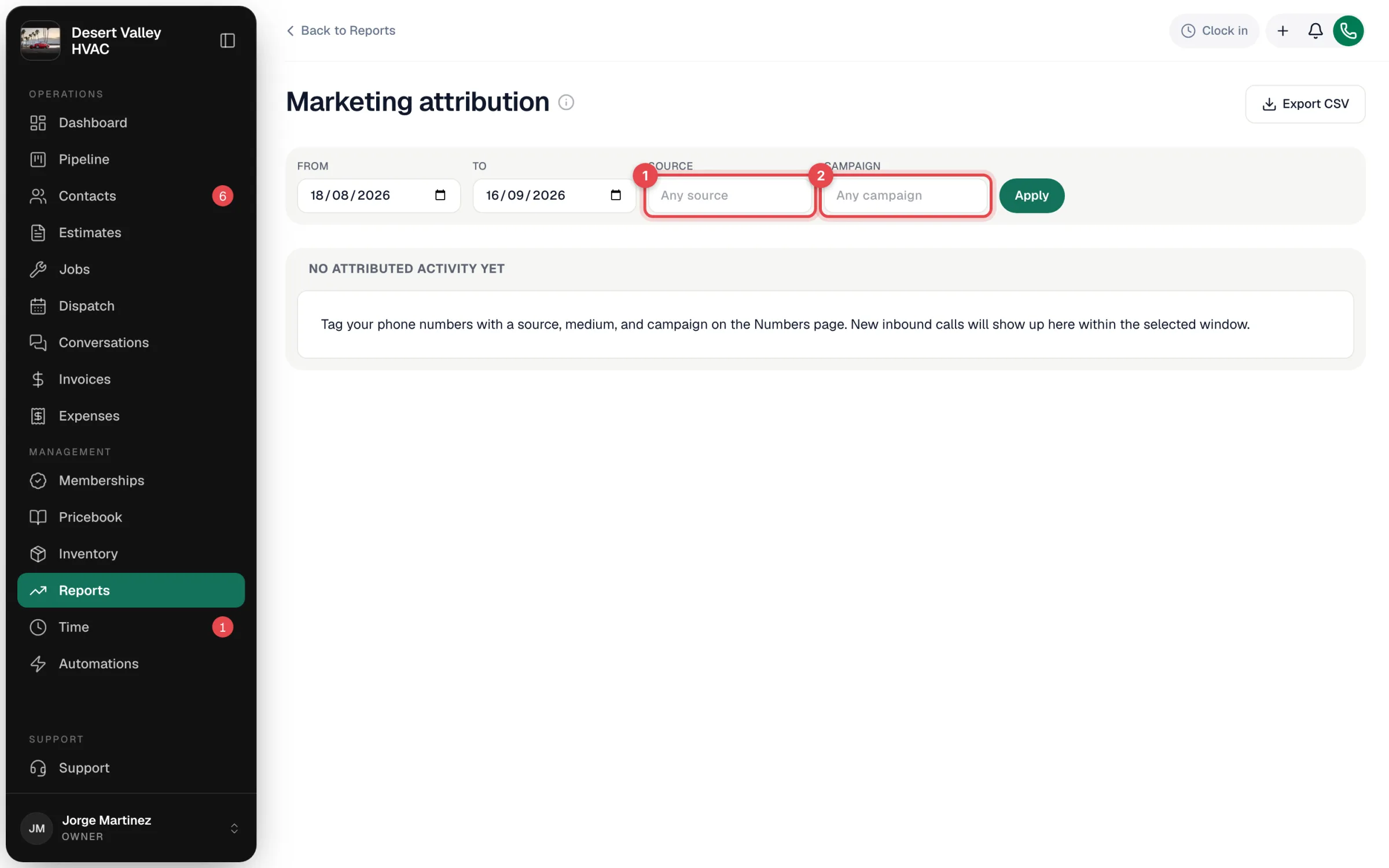 Marketing attribution report filters with the Source and Campaign fields highlighted, above the empty state that explains how to tag phone numbers