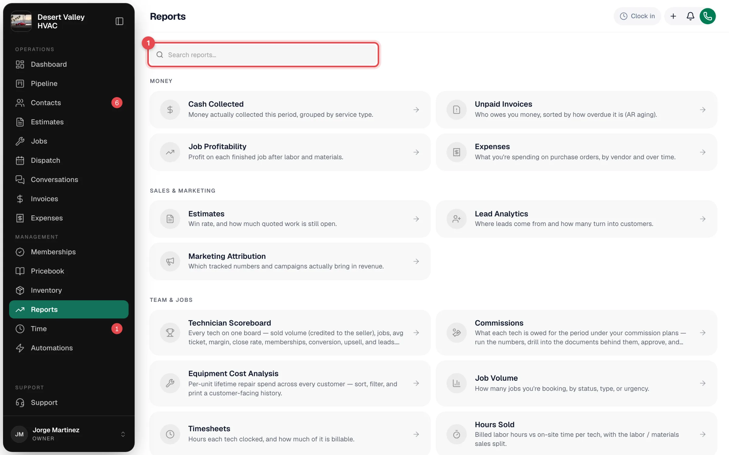 Reports page with the search box highlighted above the Money and Sales & marketing report cards