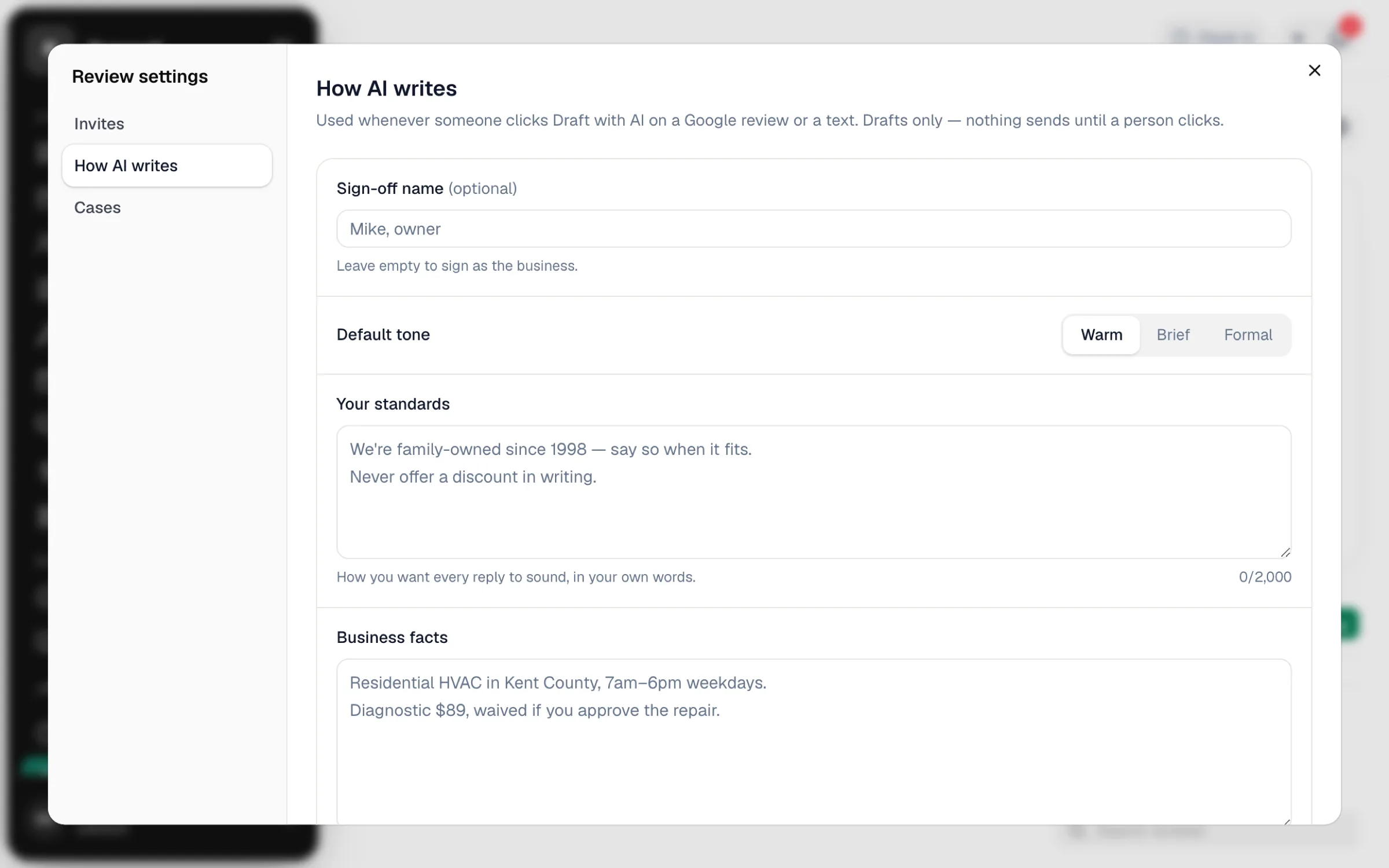 The gear settings on the How AI writes tab: sign-off name, tone, your standards, never say and business facts