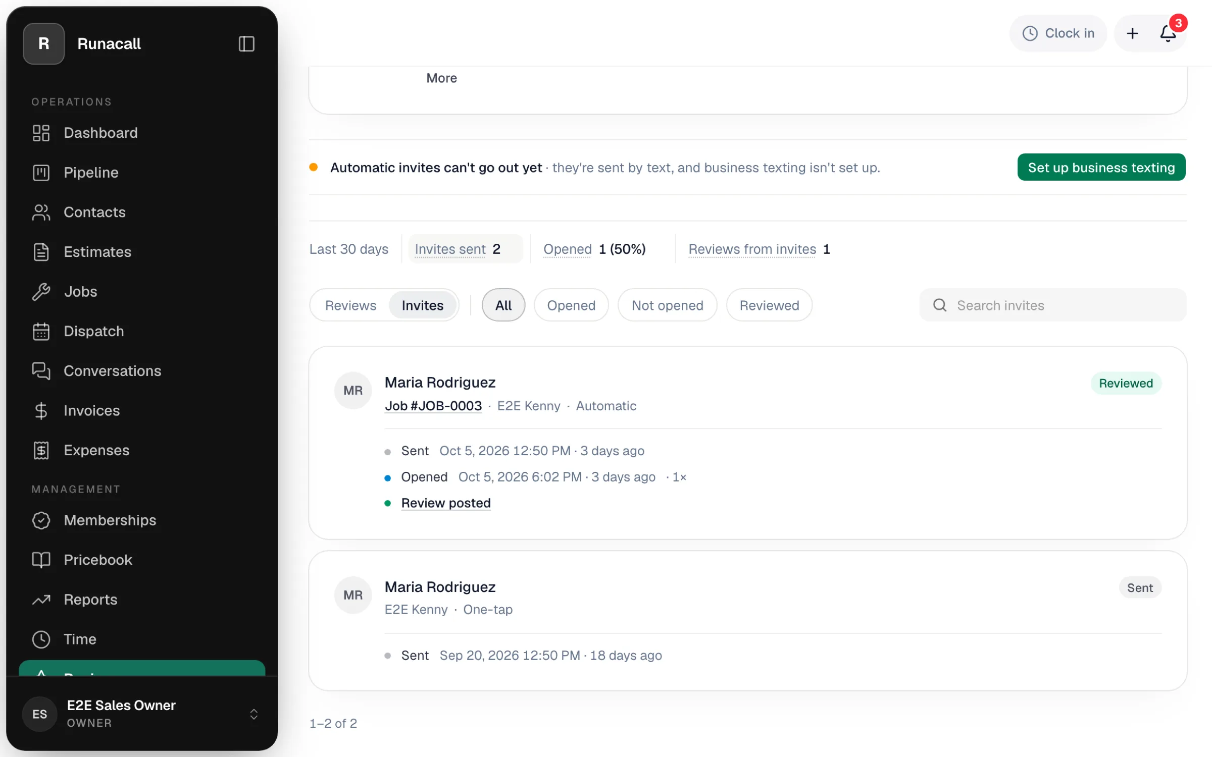 The Invites view with two invite cards and the history of each invite