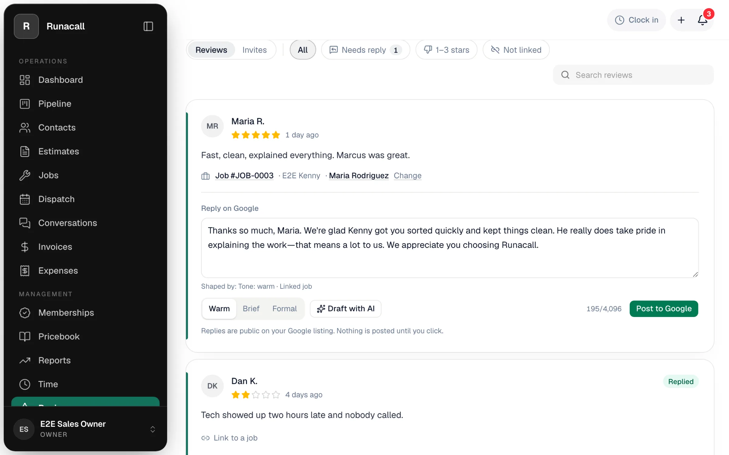 A 5-star review with an AI draft in the Reply on Google box, the tone chips, the Draft with AI and Post to Google buttons, and the note that nothing is posted until you click