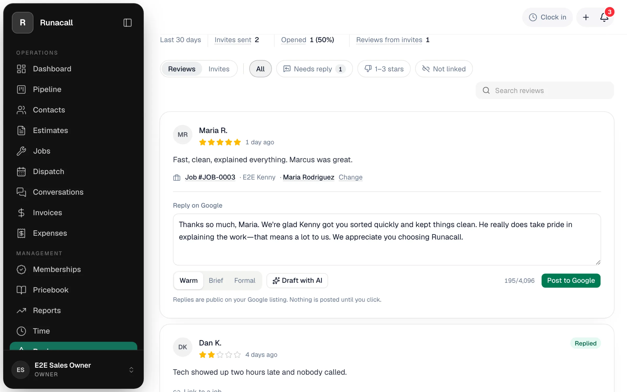 Reviews page with the listing strip, the filter chips and two review cards
