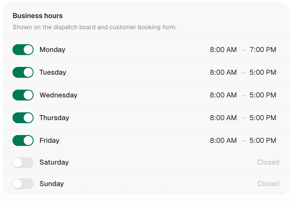 Business hours setting