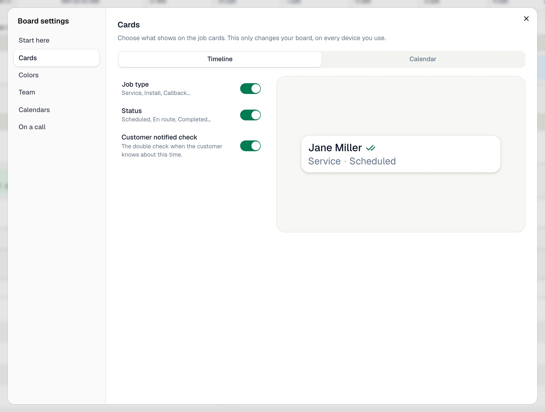 Cards section of Board settings with Job type, Status and Customer notified check switches and a preview card