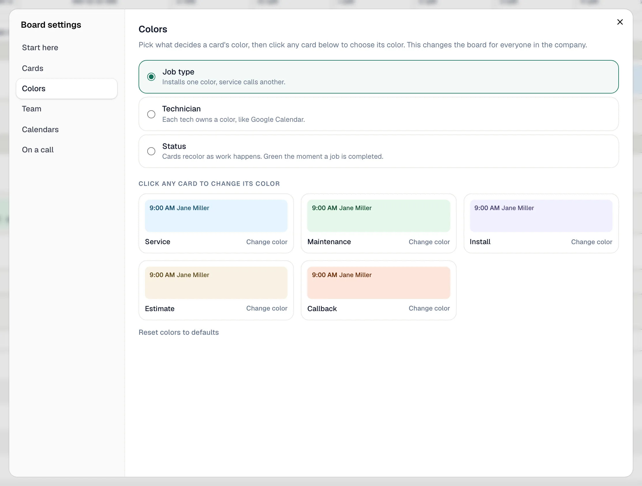 Colors section of Board settings with Job type selected and sample cards for Service, Maintenance, Install, Estimate and Callback