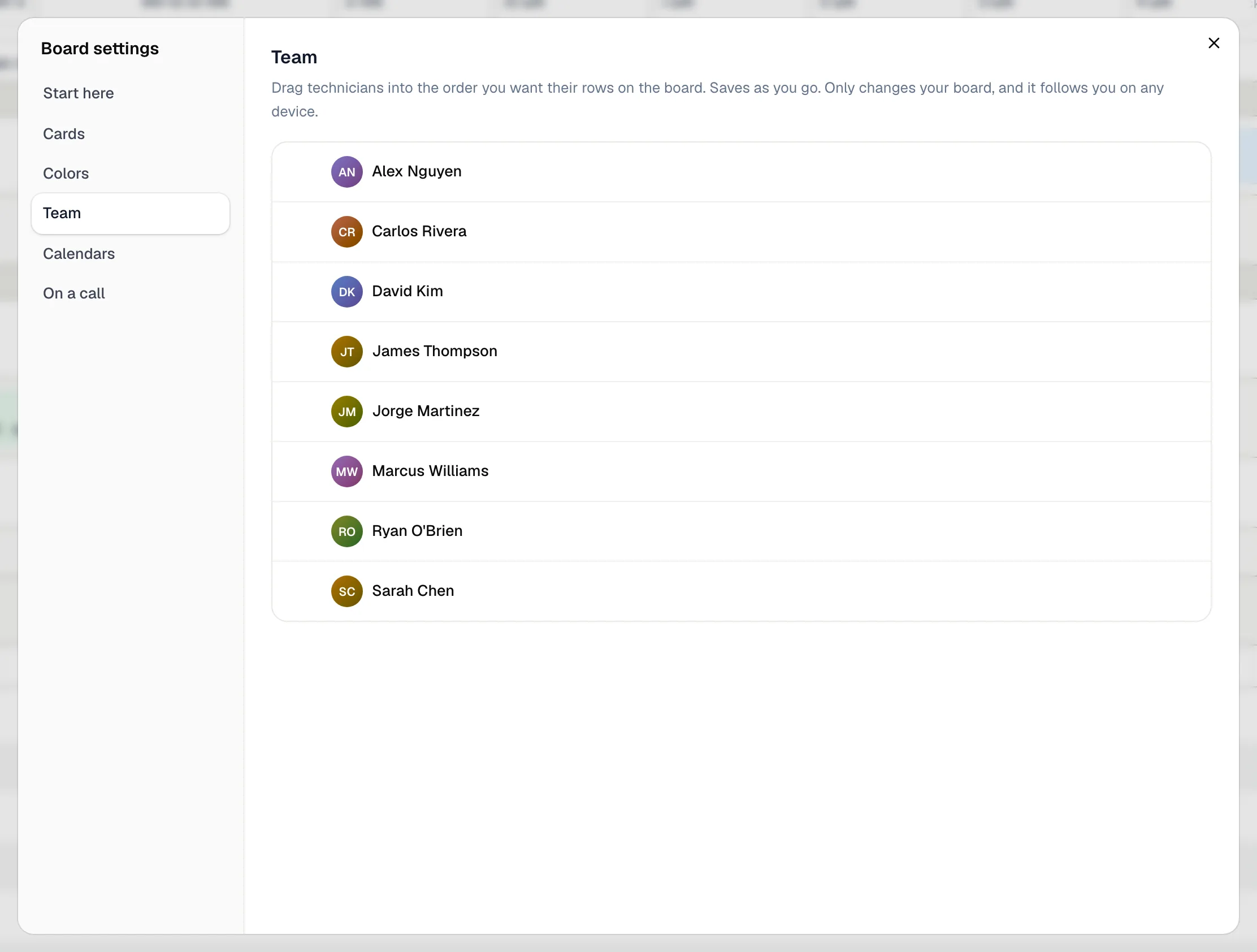 Team section of Board settings listing technicians in board order