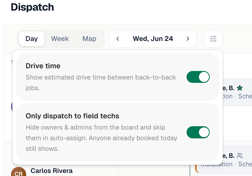 Dispatch board filters