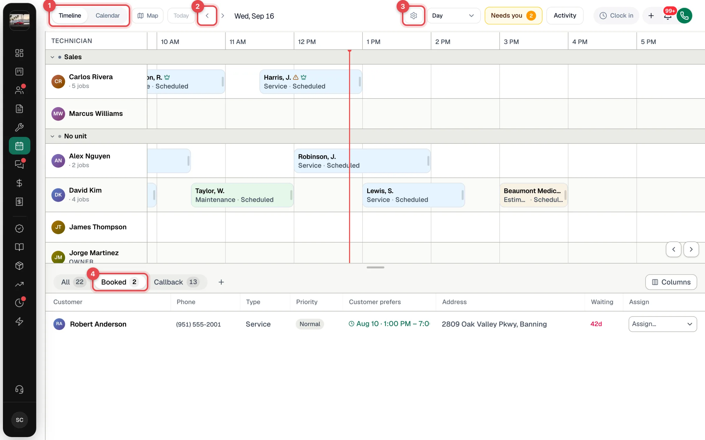 Dispatch board in Timeline Day view with the view switcher, date controls, board settings and a queue tab highlighted