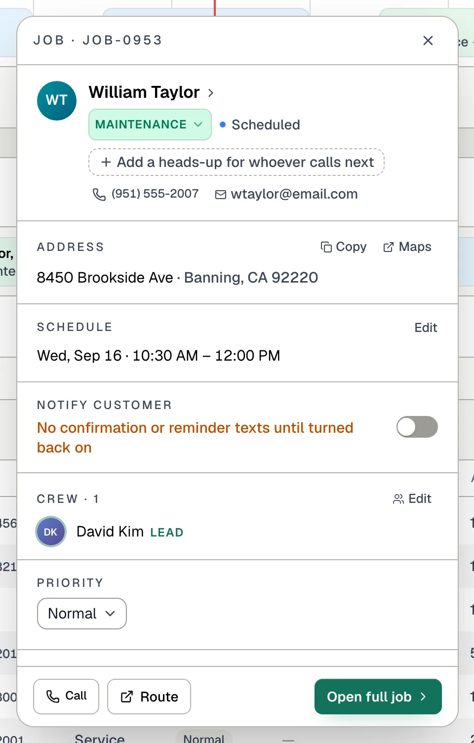 Job panel opened from the dispatch board showing customer, address, schedule, notify customer switch, crew and priority