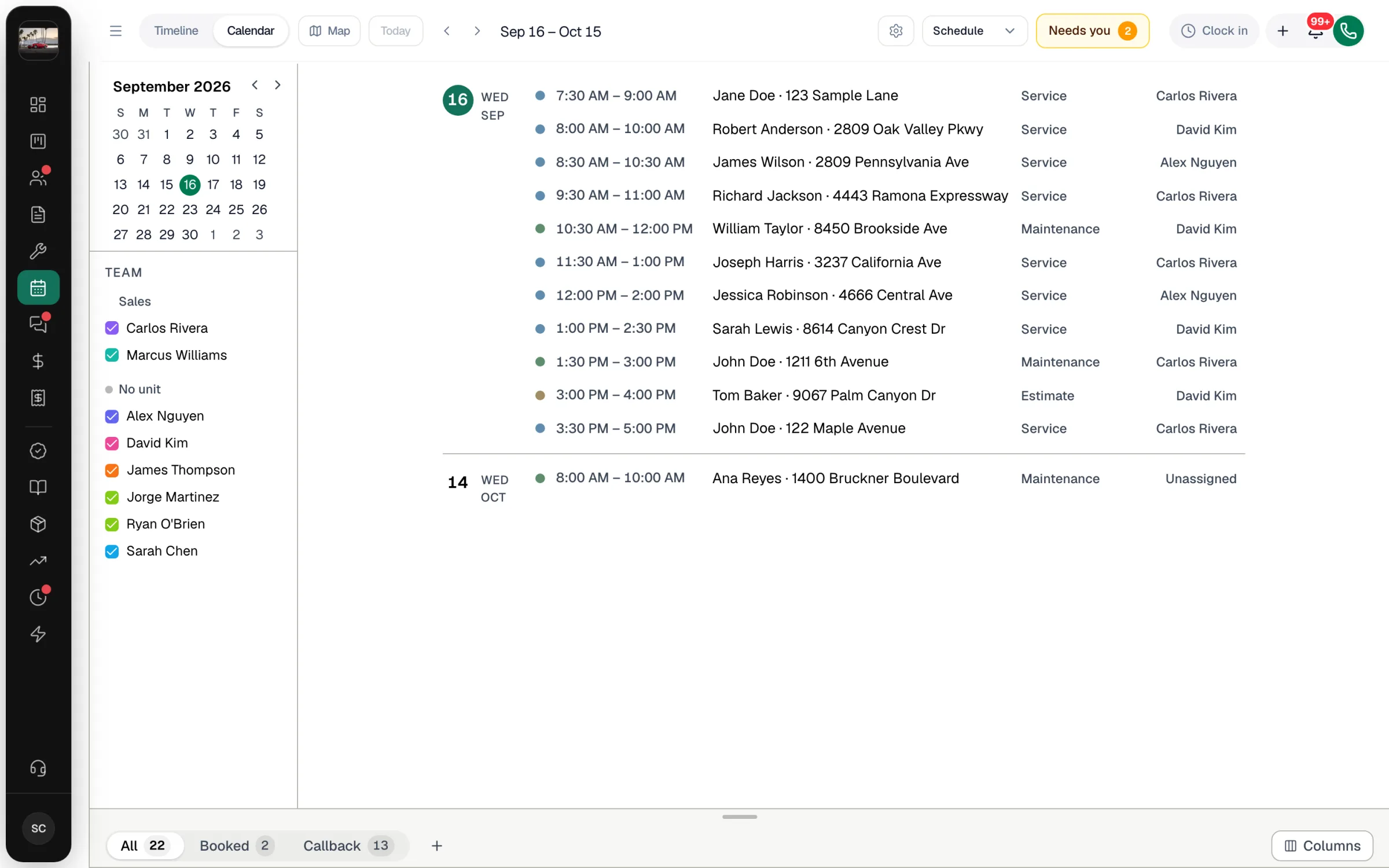 Calendar Schedule view listing today's jobs with time, customer, address, job type and technician