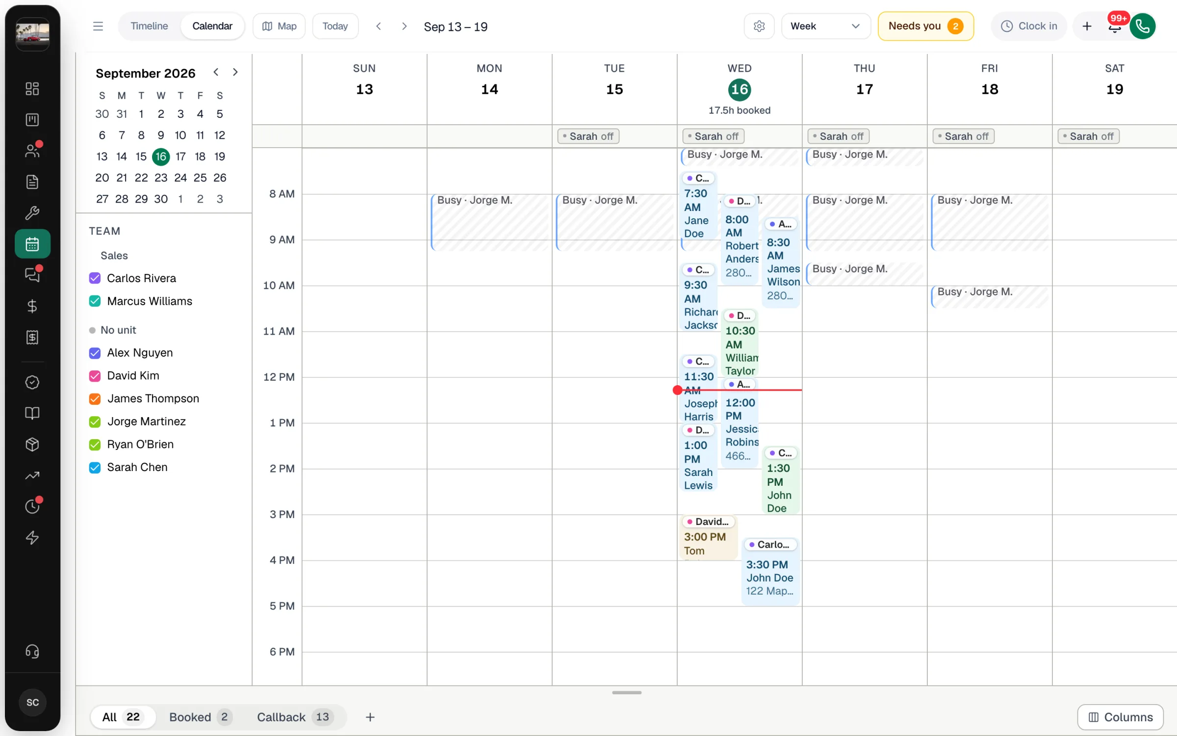Calendar Week view with the mini calendar and team list on the left and job blocks on Wednesday