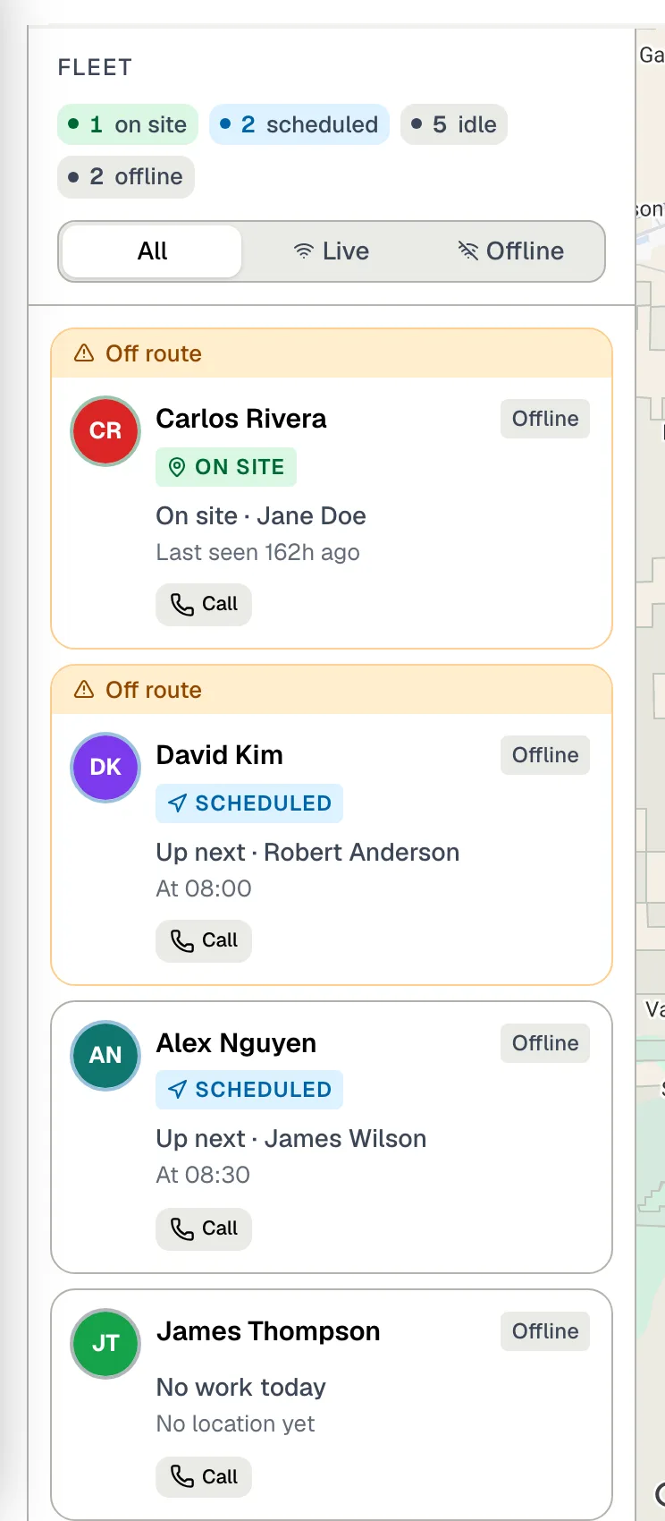 Fleet panel on the dispatch map listing technicians with their status and a Call button
