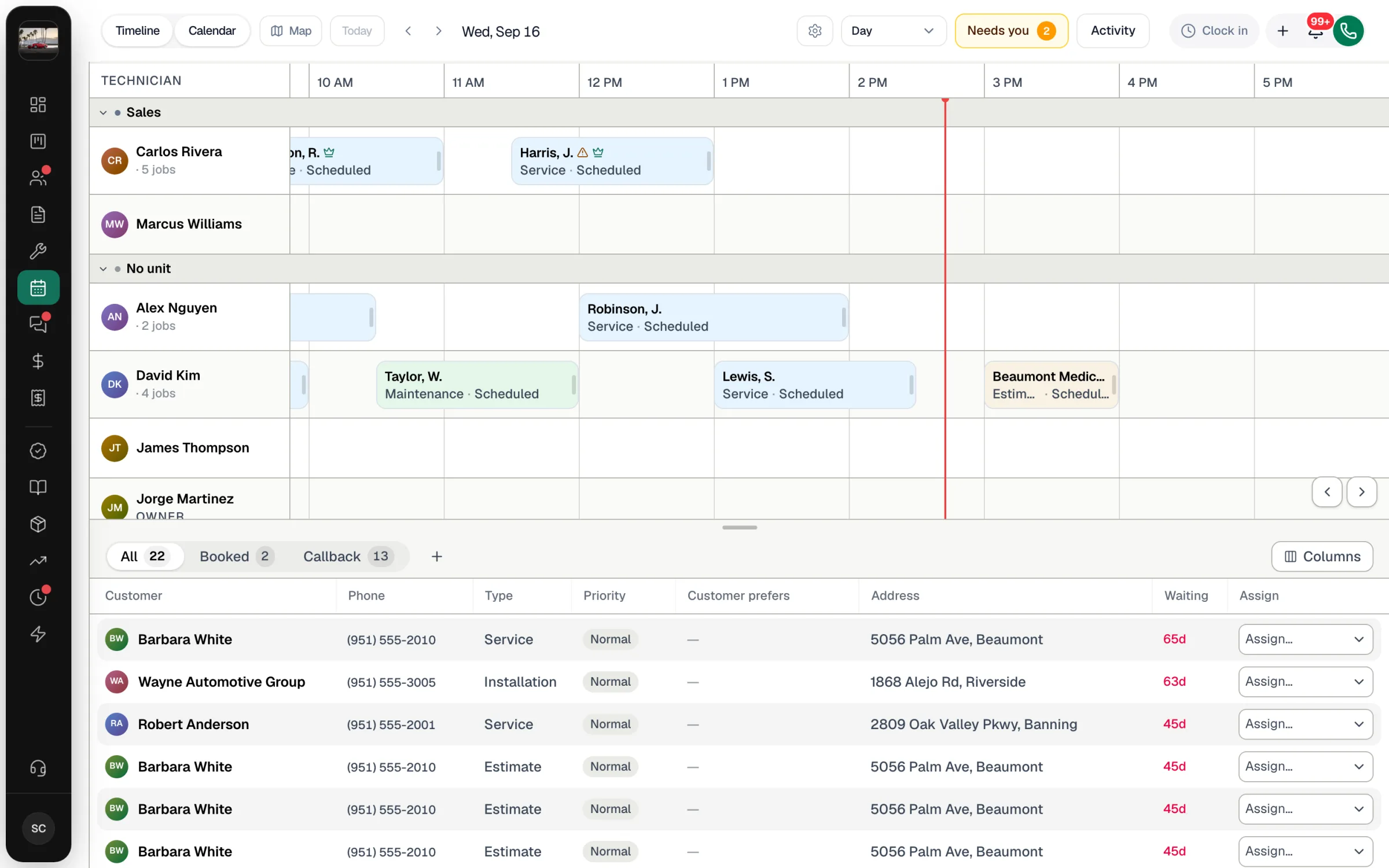 Timeline Day view with job cards on each technician row and the unassigned queue below