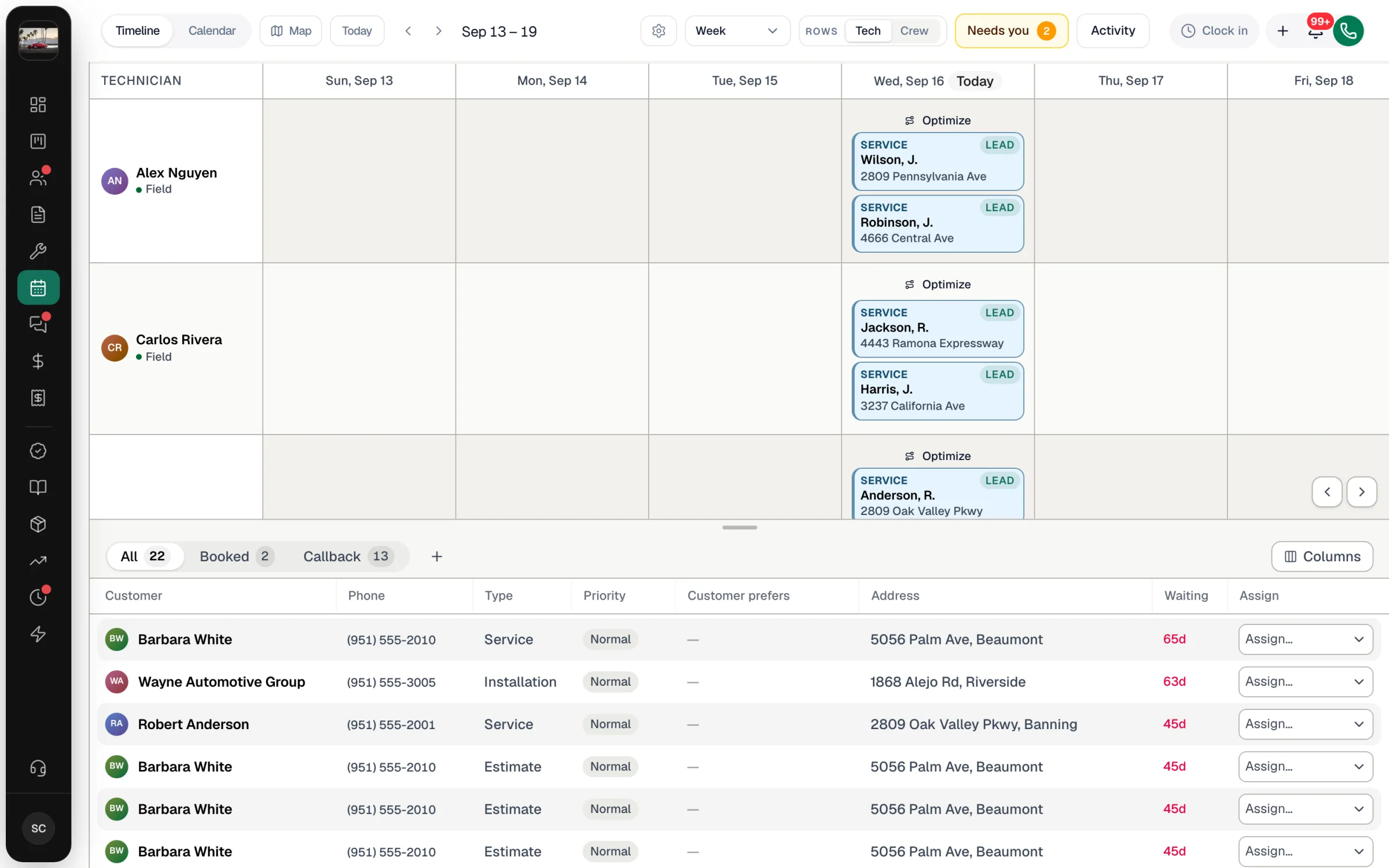 Timeline Week view with job cards grouped by technician and day, and the Optimize button above each day's jobs