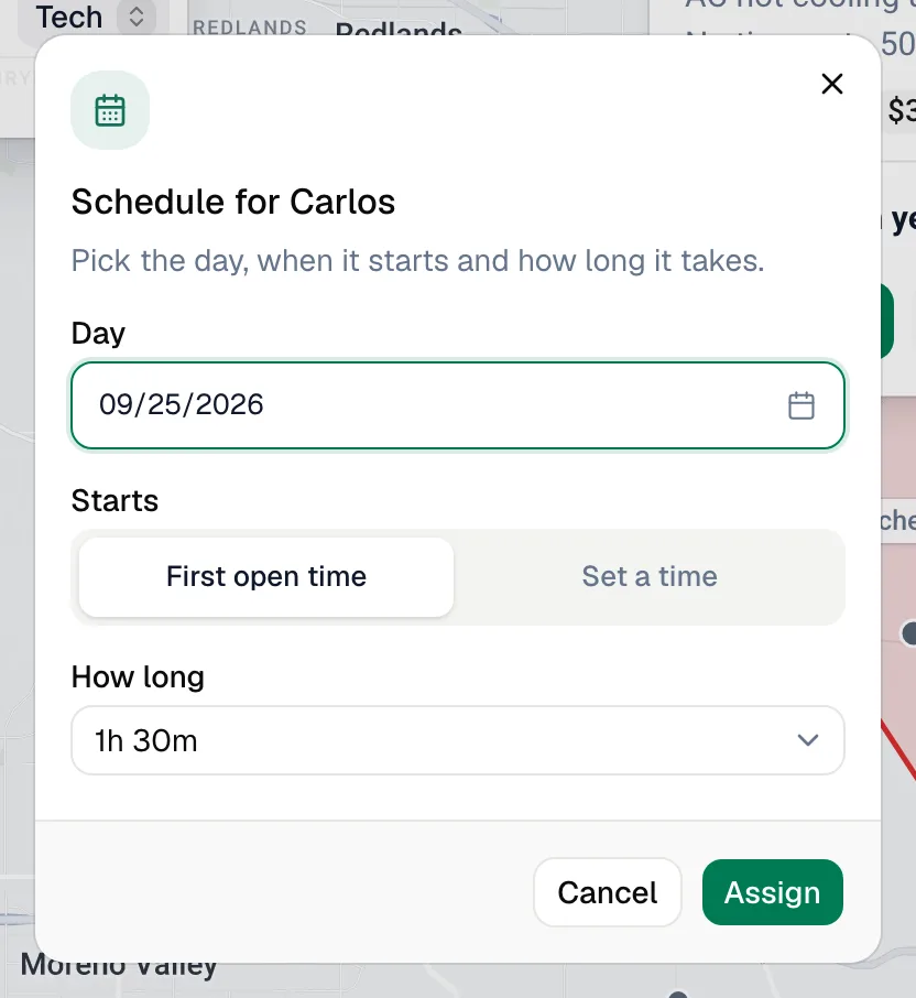 The Schedule dialog with Day, Starts and How long