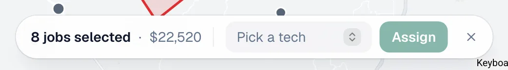 The selection bar showing 8 jobs selected, their total and the Pick a tech menu