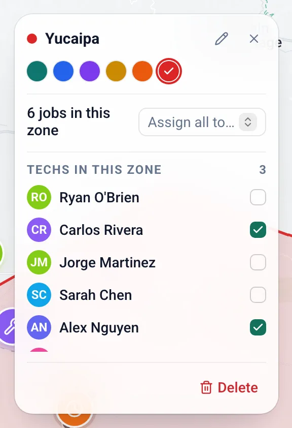 The zone card with the zone's color, job count, Assign all and the techs in the zone